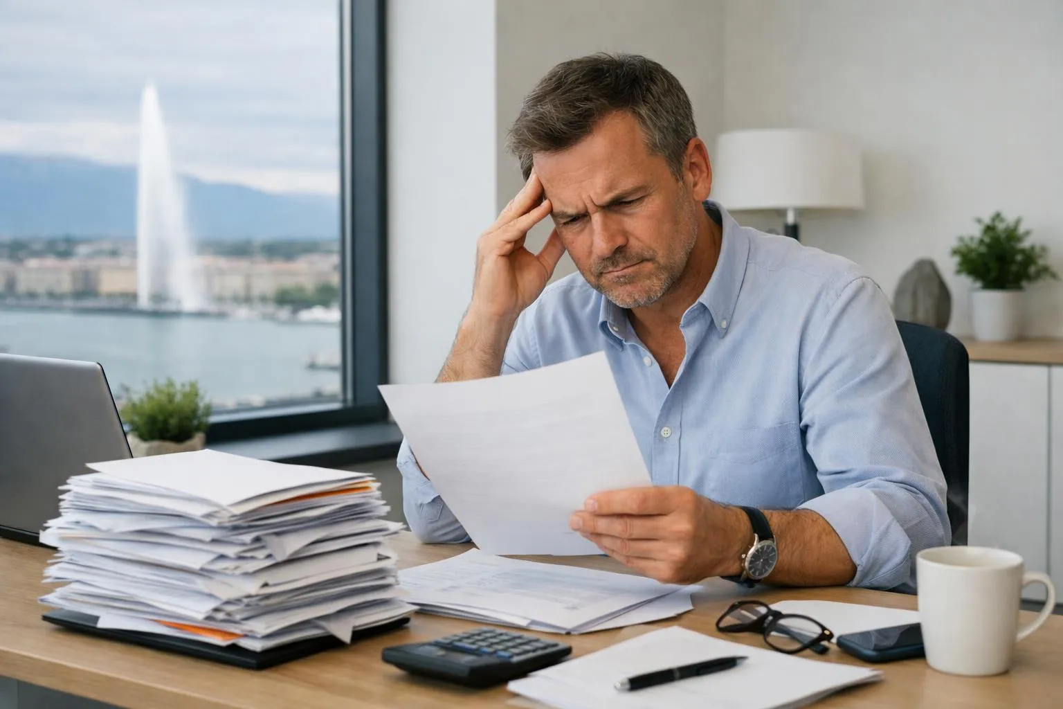 Homme d'affaires stressé examinant des documents au bureau avec vue sur la ville.