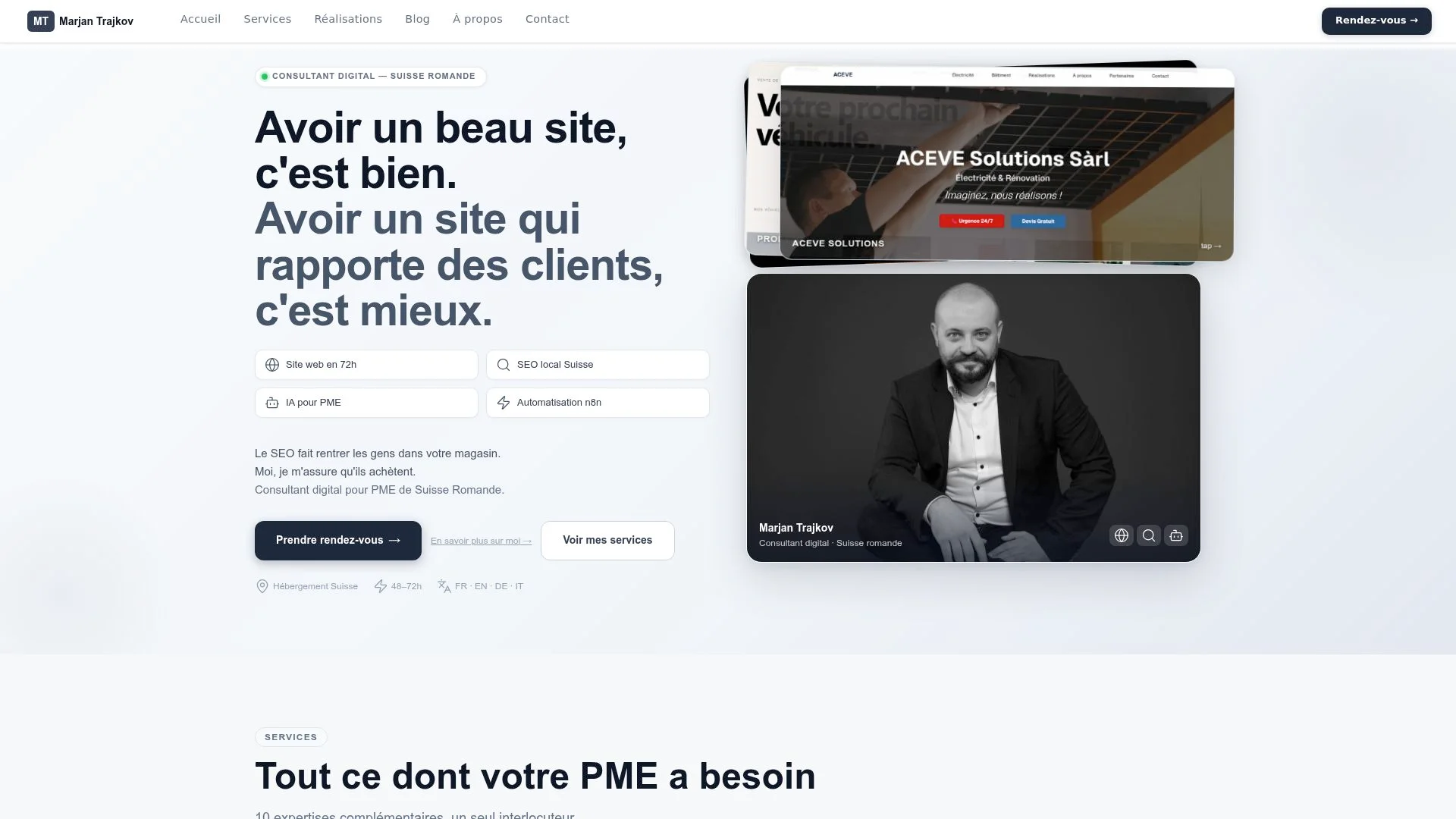 Site web d'un consultant digital suisse romand avec son portrait.