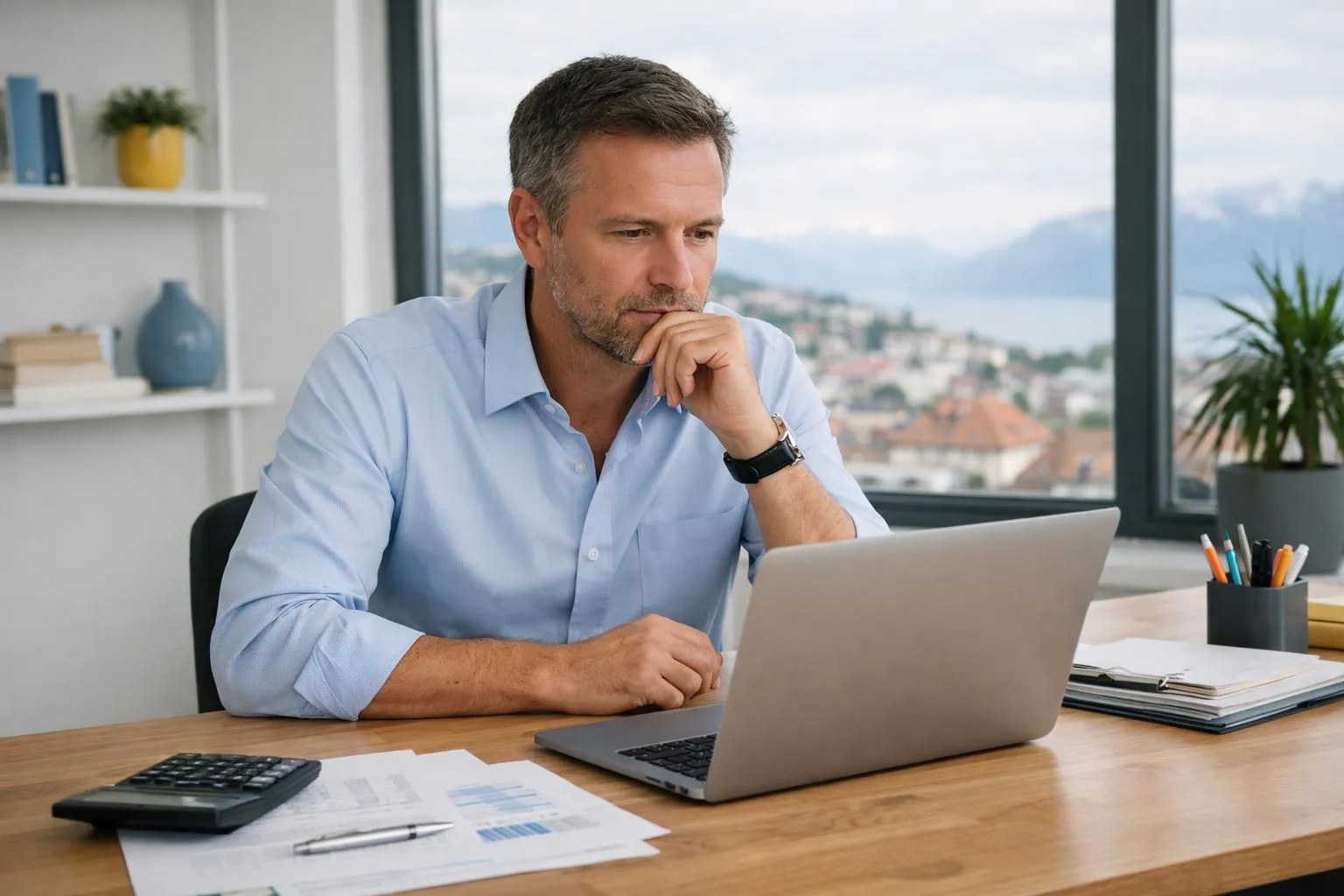 Homme d'affaires réfléchissant devant un ordinateur portable dans un bureau avec vue sur la ville.