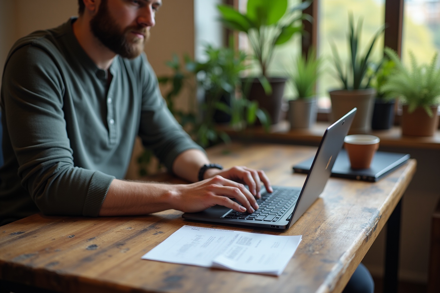 Homme barbu travaillant sur ordinateur portable dans un bureau verdoyant.