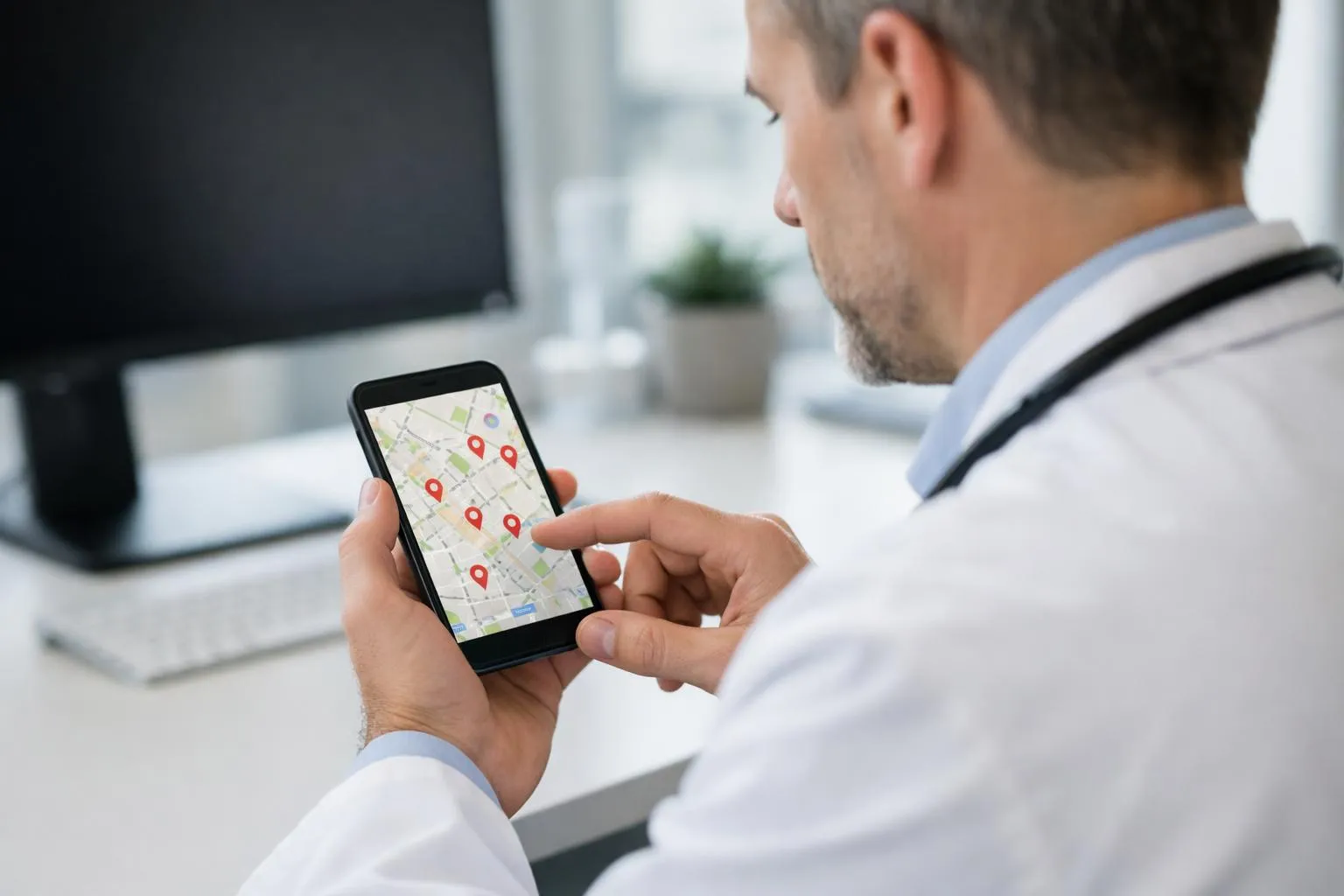 Homme d'affaires utilisant une application de géolocalisation sur son smartphone.