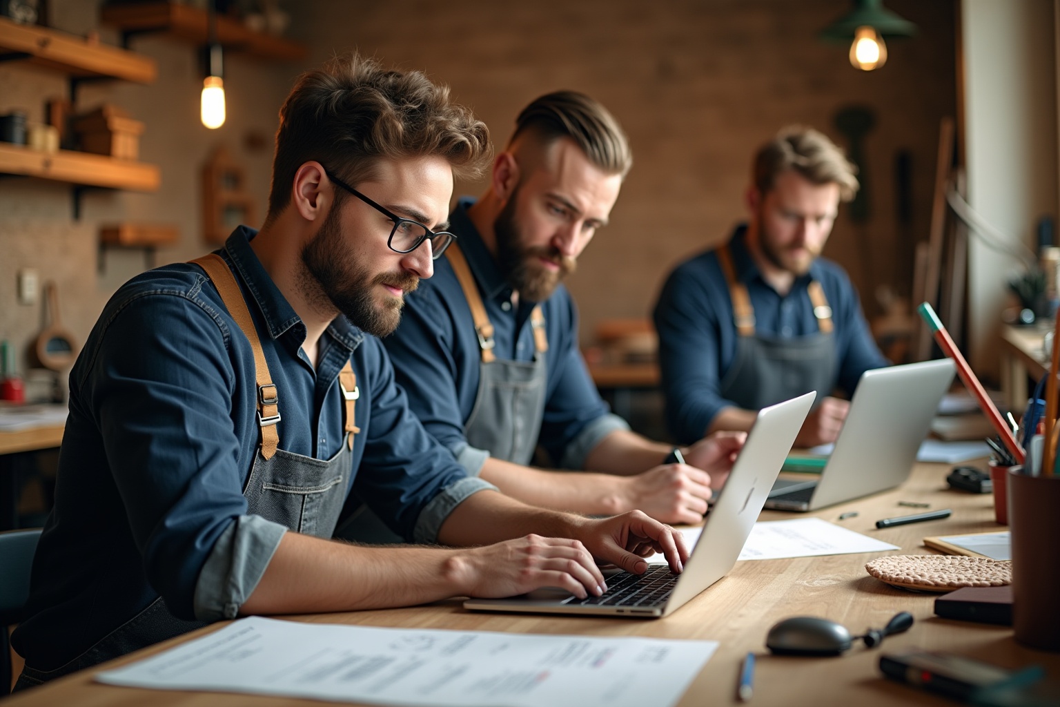 Trois hommes barbus en salopettes travaillant sur des ordinateurs portables dans un atelier.