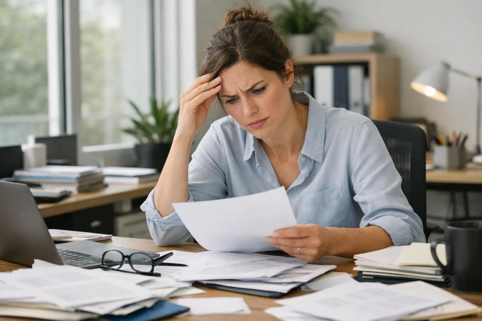 Femme stressée examinant des documents sur son bureau encombré.