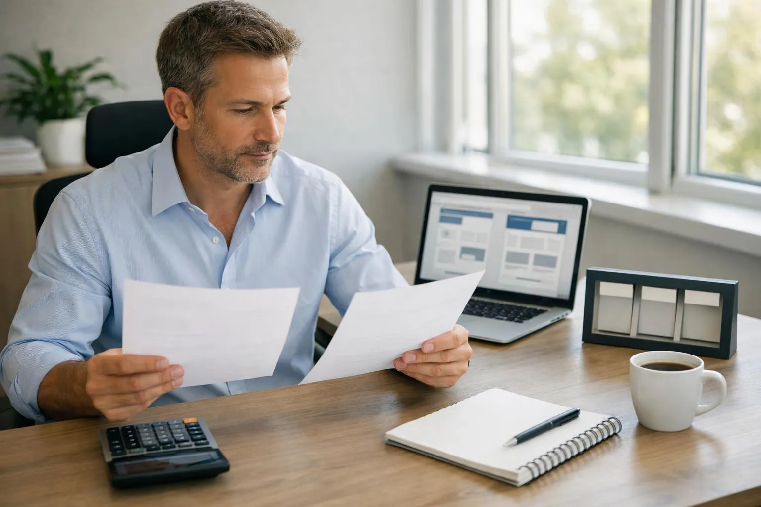 Homme d'affaires concentré travaillant sur des documents au bureau.