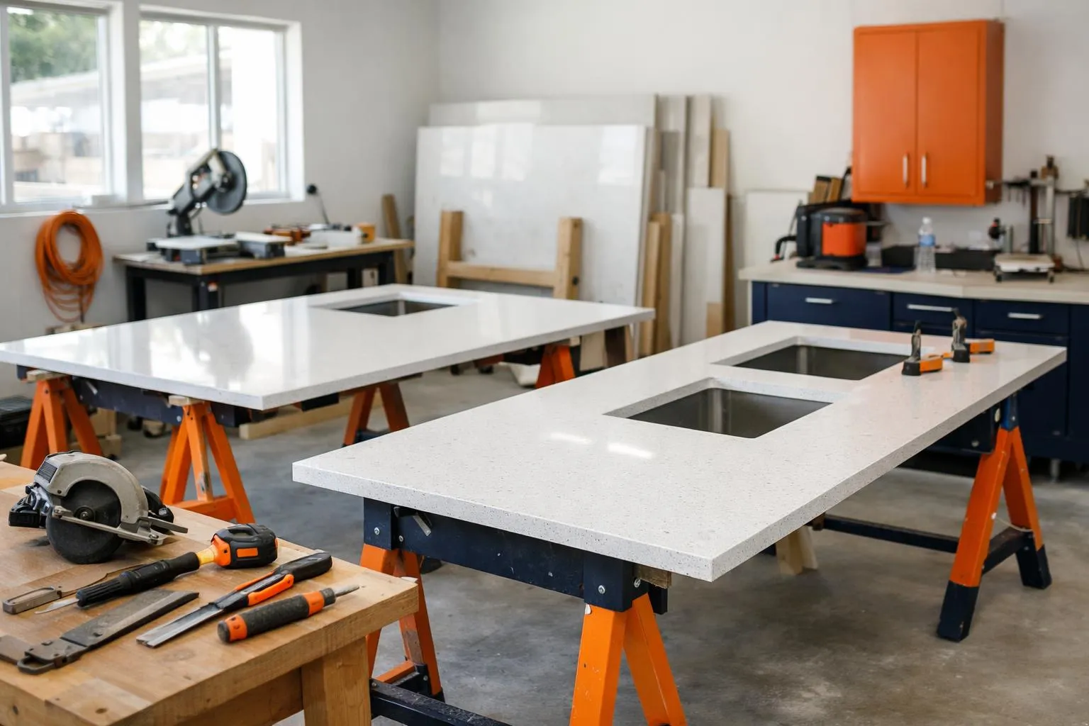 Atelier de menuiserie avec établi, outils et éléments de cuisine en construction.