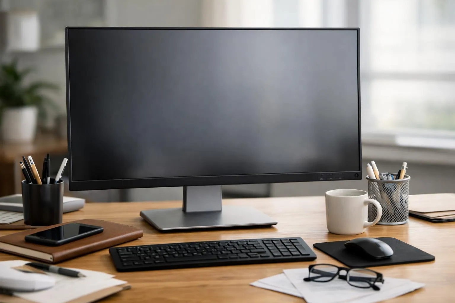 Bureau de travail avec ordinateur, clavier, souris et accessoires.