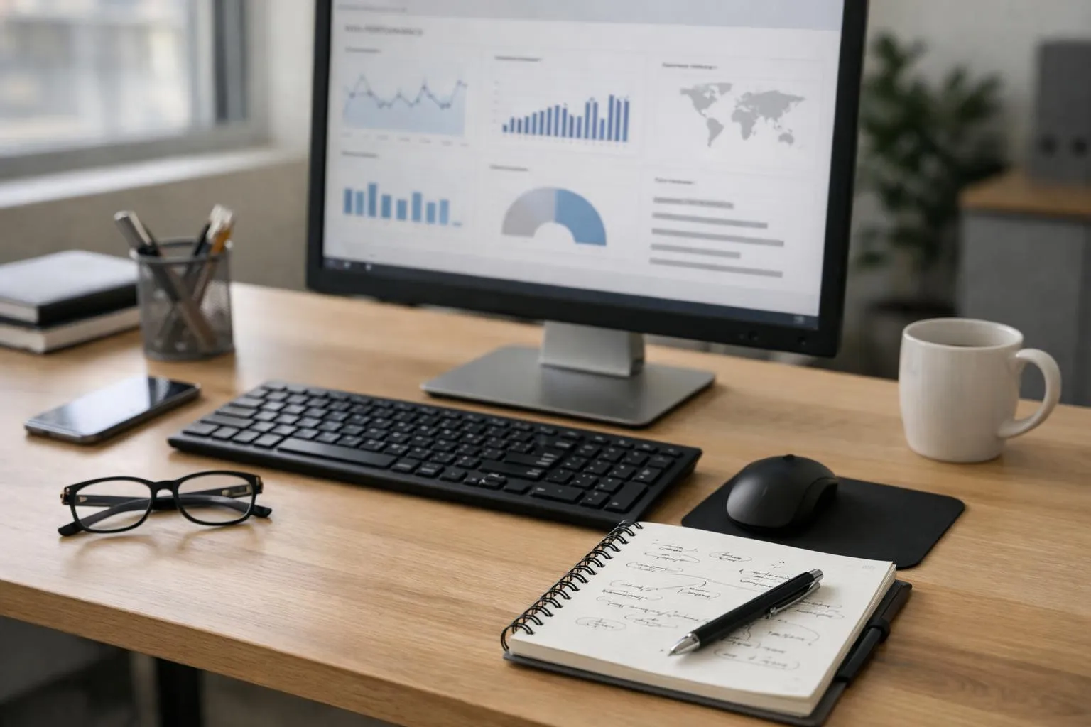 Bureau de travail avec ordinateur, graphiques, clavier, souris et accessoires.