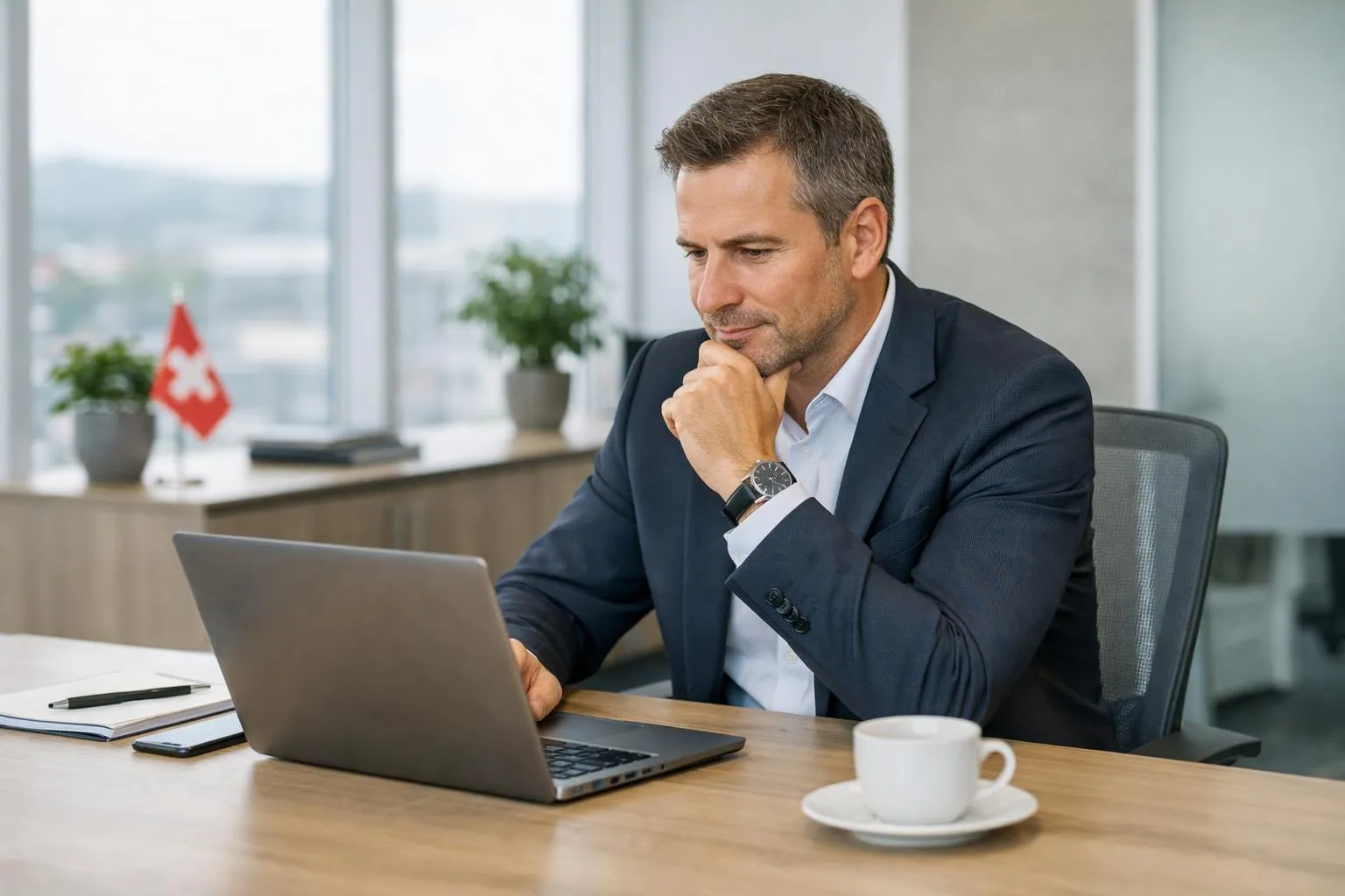 Homme d'affaires réfléchissant devant un ordinateur portable dans un bureau.
