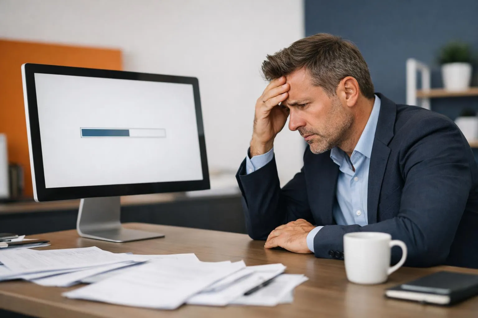 Homme d'affaires stressé devant un ordinateur avec des documents éparpillés.