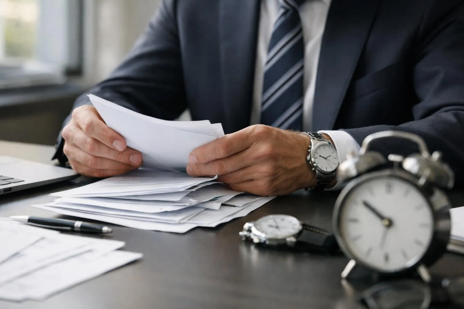 Homme d'affaires examinant des documents sur son bureau avec des horloges.