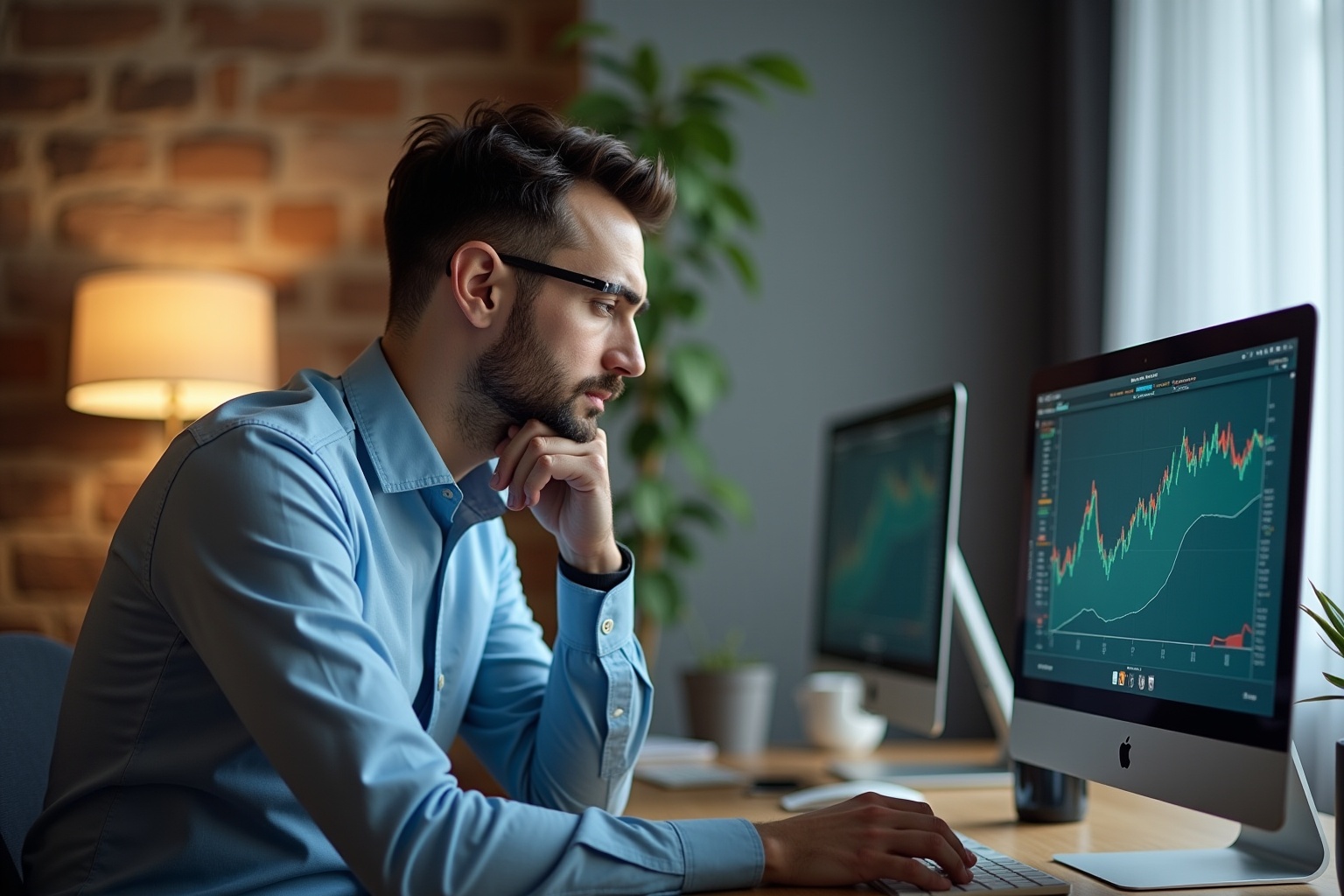 Homme d'affaires concentré analysant des données financières sur un ordinateur.