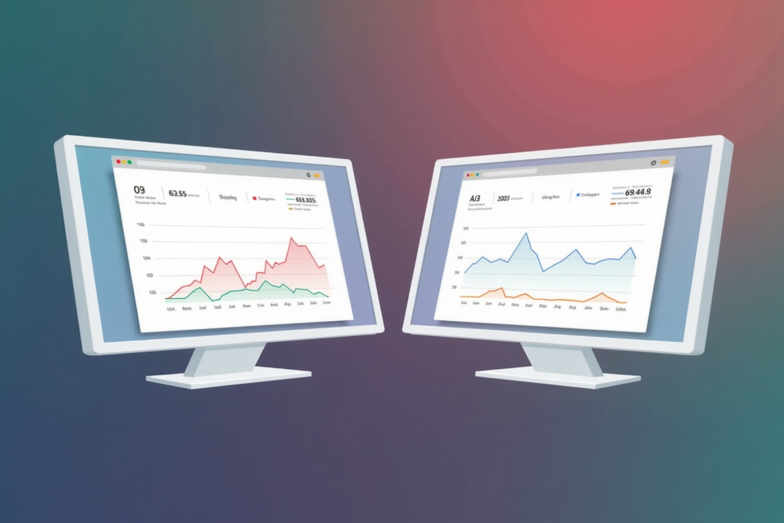 Deux écrans d'ordinateur affichant des graphiques et des données analytiques.