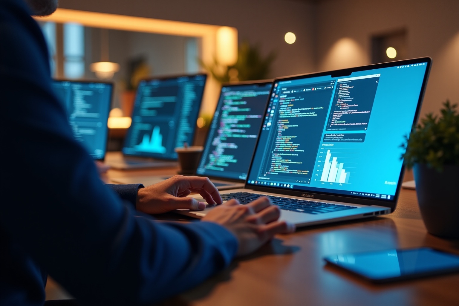 Programmeur travaillant sur un ordinateur portable avec du code affiché à l'écran.