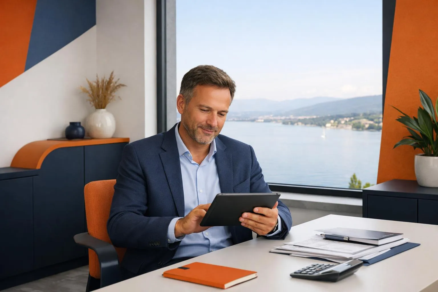 Homme d'affaires utilisant une tablette dans un bureau avec vue sur la mer.