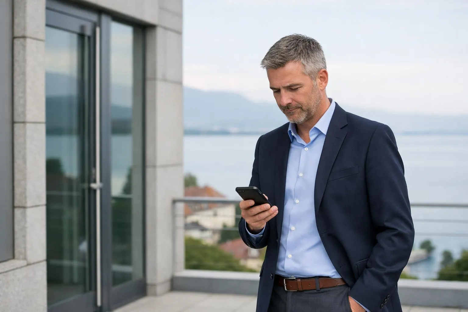 Homme d'affaires mature utilisant un smartphone sur un balcon avec vue sur la montagne.