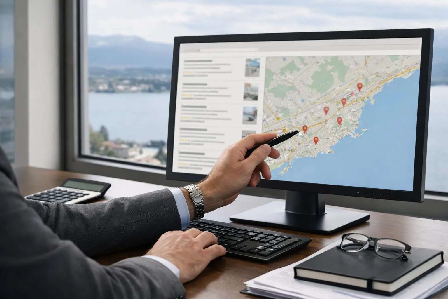 Homme d'affaires utilisant un ordinateur et une carte géographique sur l'écran.