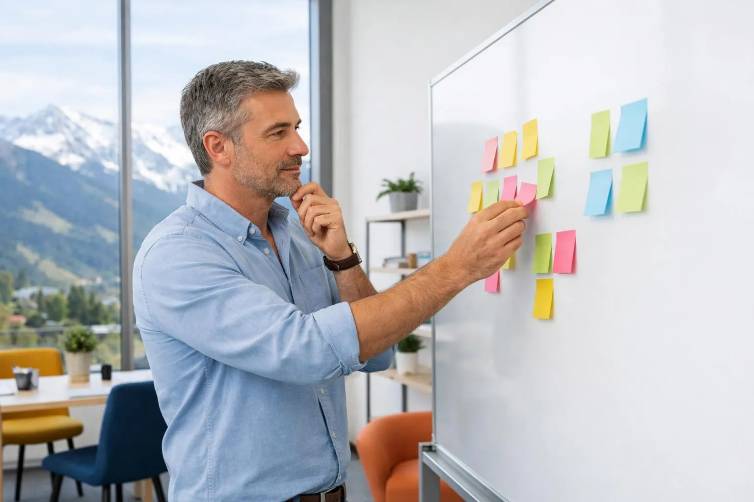 Un homme d'affaires réfléchissant devant un tableau blanc avec des notes collantes.