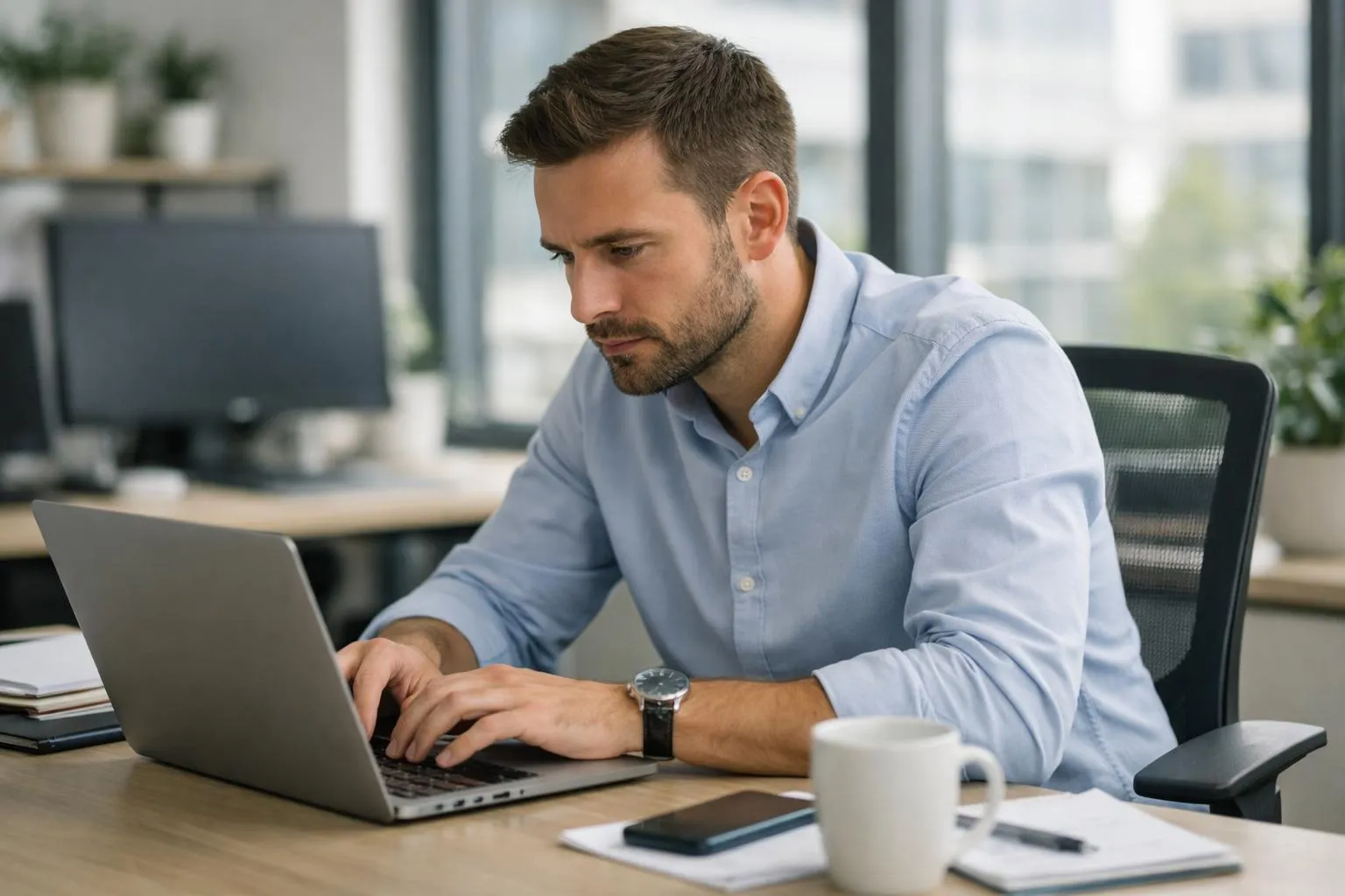 Homme d'affaires concentré travaillant sur son ordinateur portable au bureau.