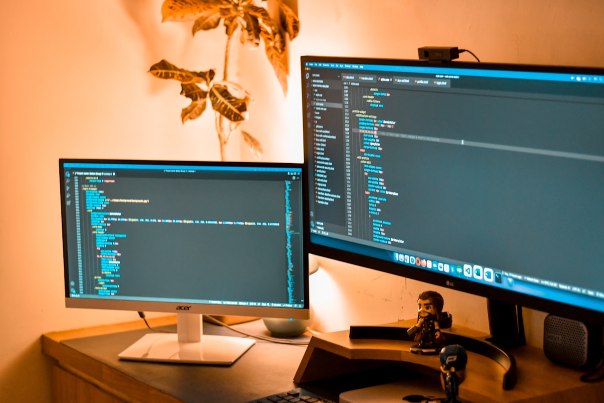 Deux écrans d'ordinateur affichant du code de programmation, avec une plante en arrière-plan.