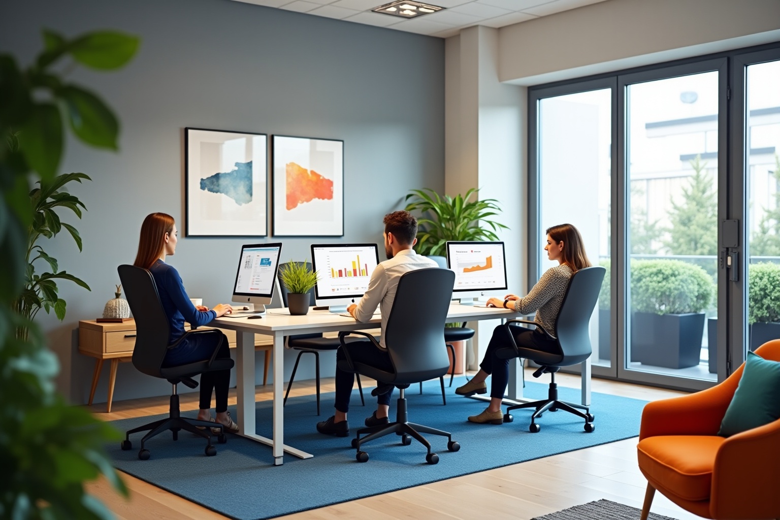 Équipe de professionnels travaillant ensemble dans un bureau moderne et lumineux.