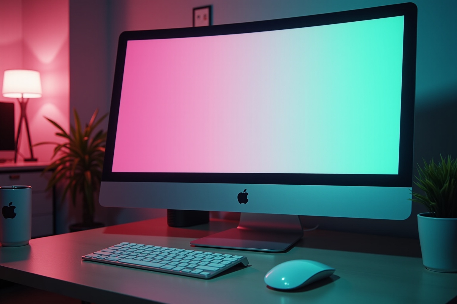 Bureau d'ordinateur avec écran lumineux, clavier et souris.