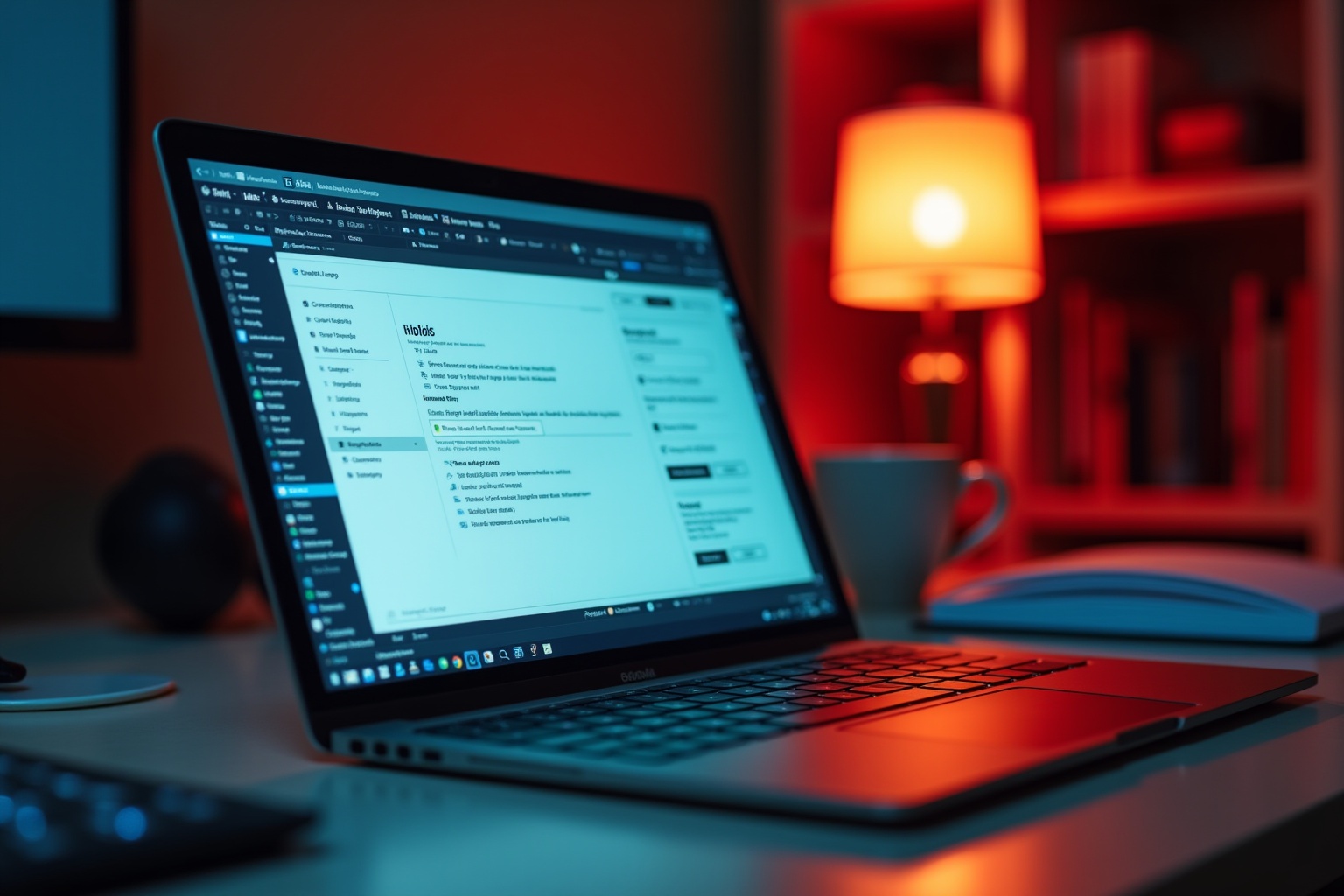 Ordinateur portable rouge sur un bureau avec une lampe allumée.