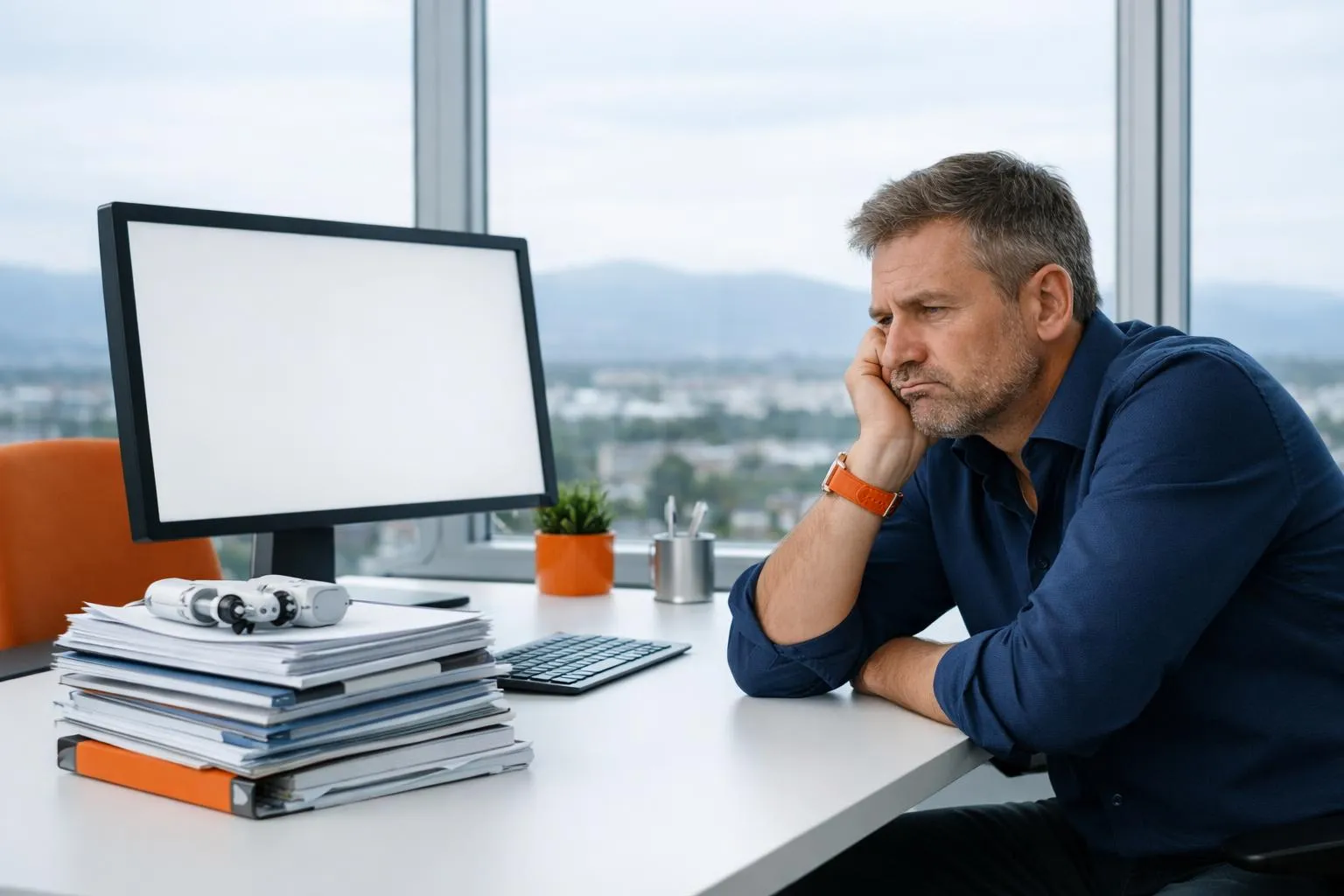 Homme d'affaires pensif au bureau avec ordinateur et dossiers.