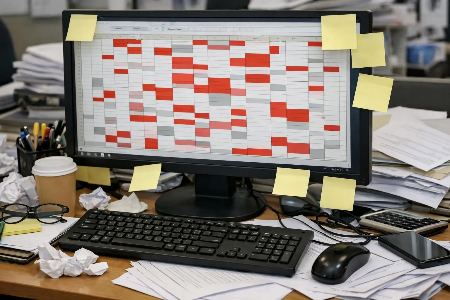 Bureau de travail encombré avec un écran d'ordinateur affichant un calendrier.