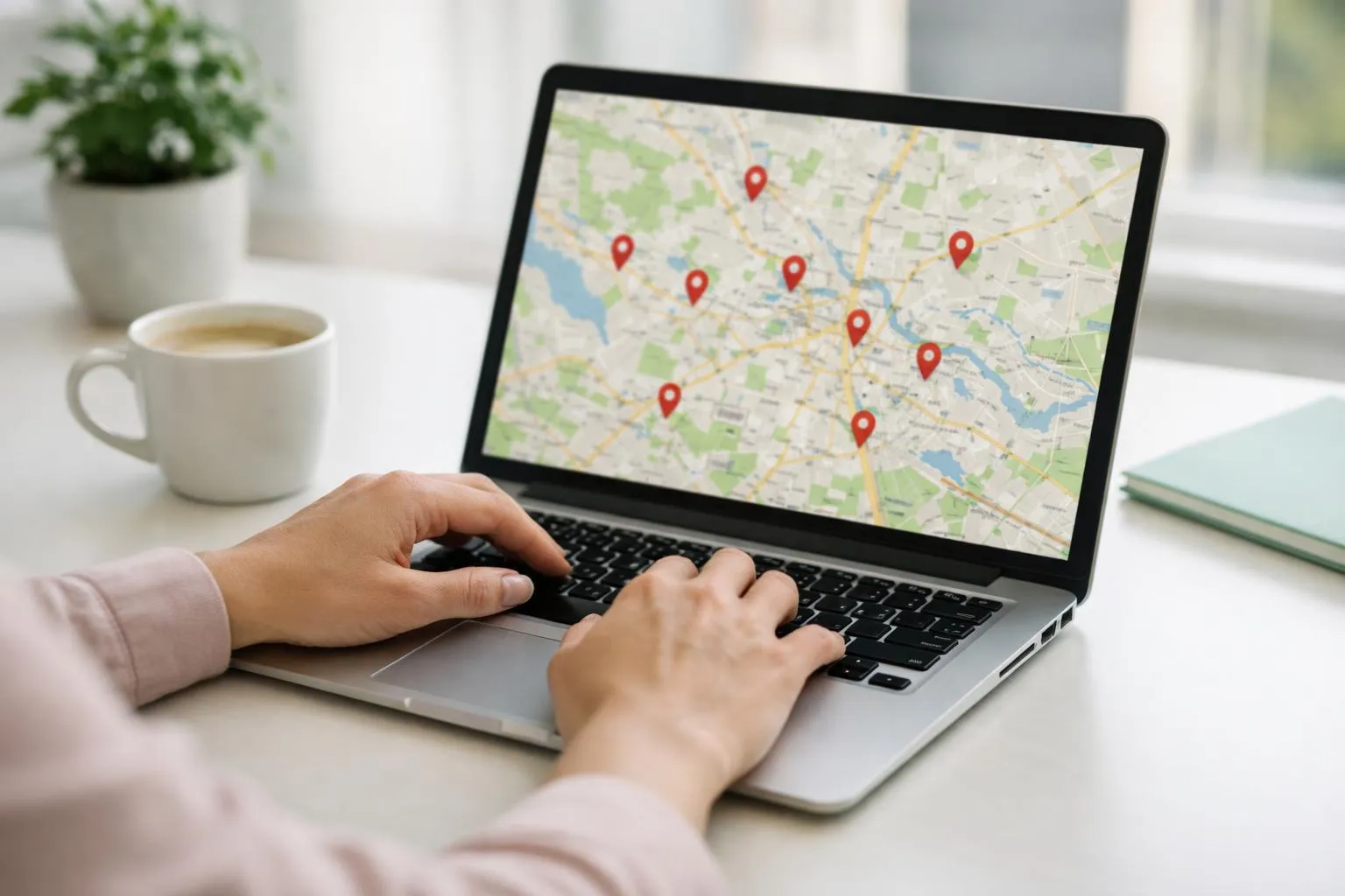 Ordinateur portable avec carte géographique affichée, mains tapant sur le clavier.
