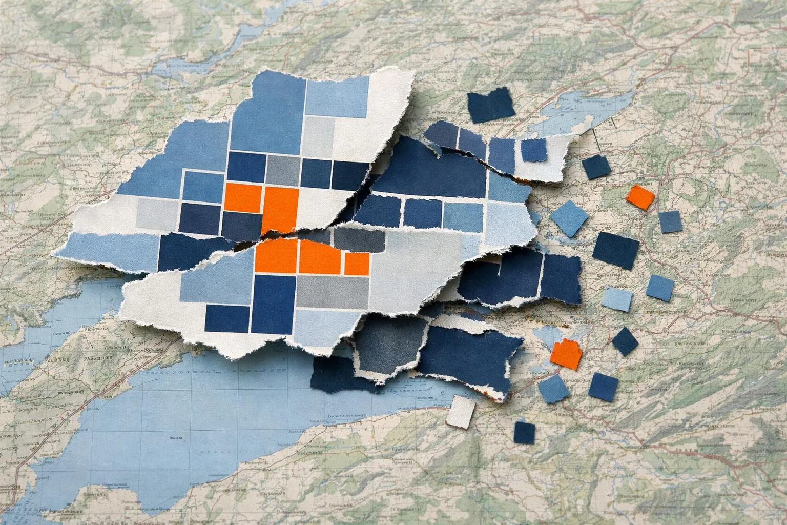Carte déchirée avec des formes géométriques colorées.