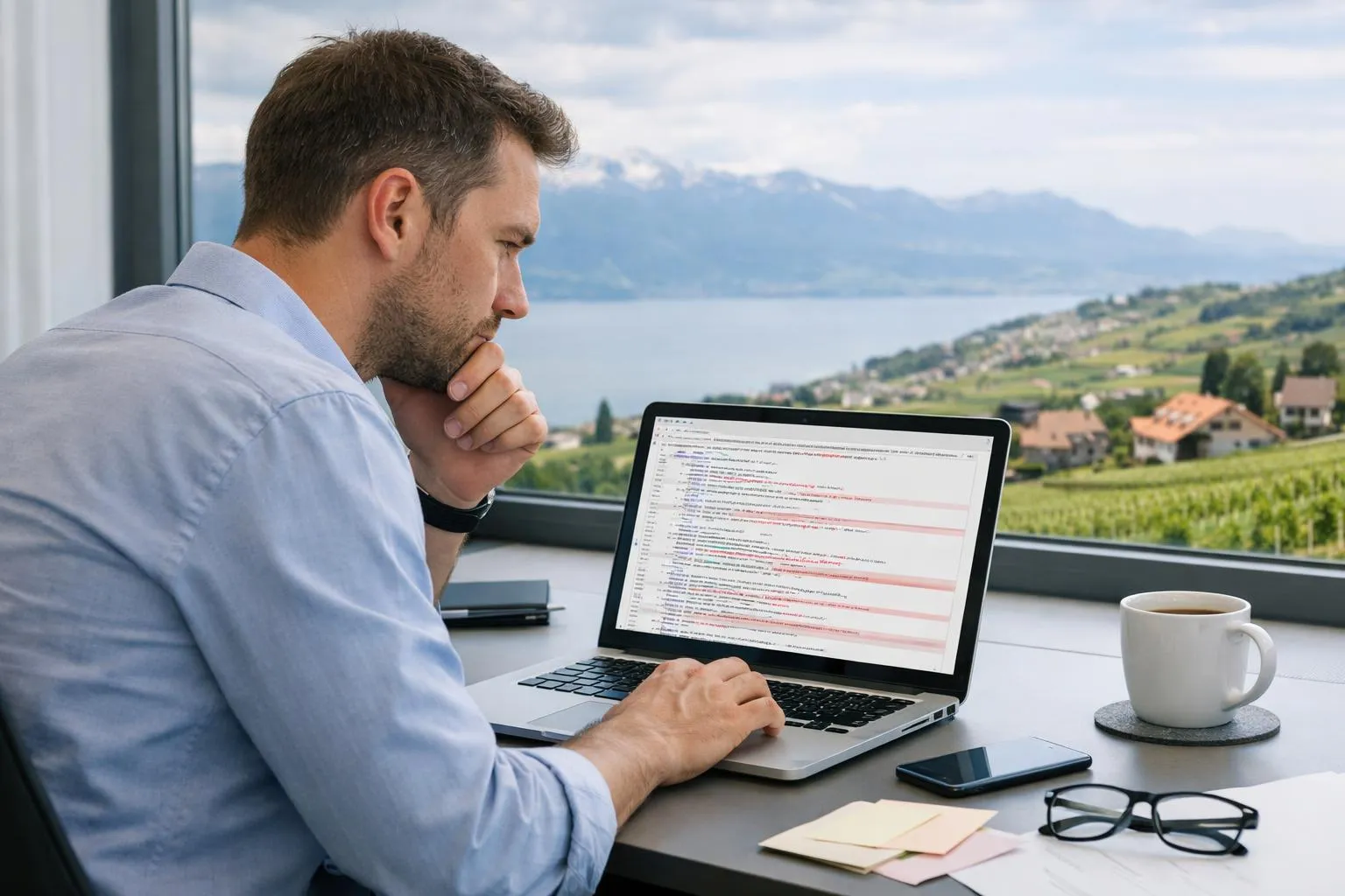 Un homme concentré travaillant sur un ordinateur portable avec un paysage montagneux en arrière-plan.