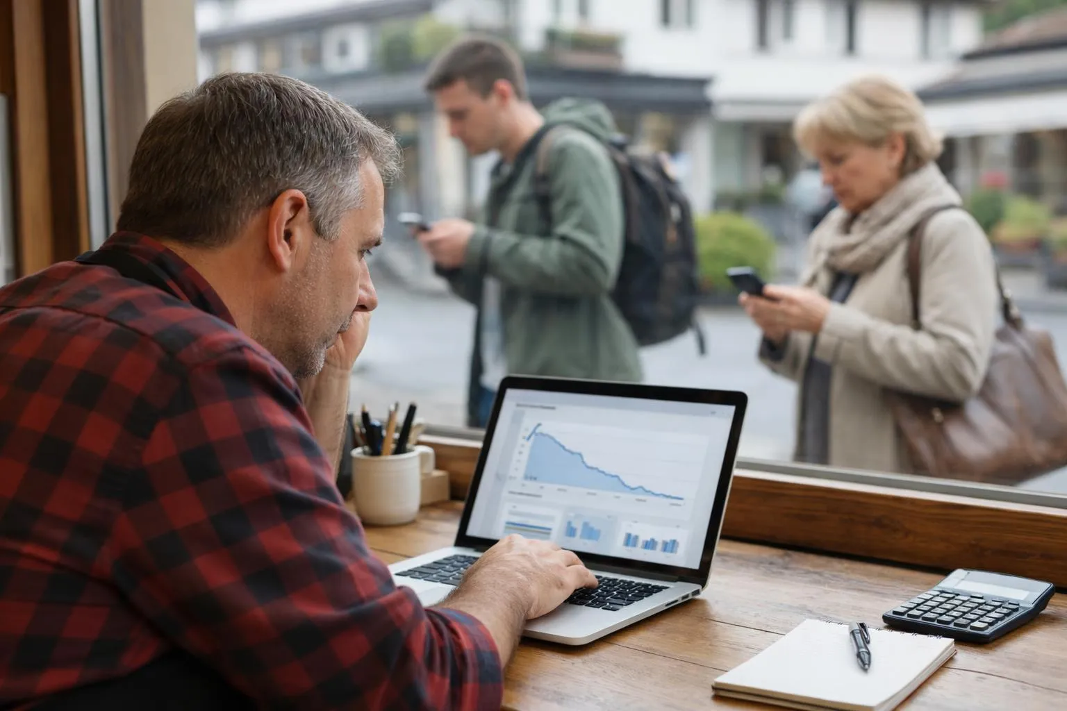 Homme d'affaires analysant des graphiques sur un ordinateur portable dans un café.