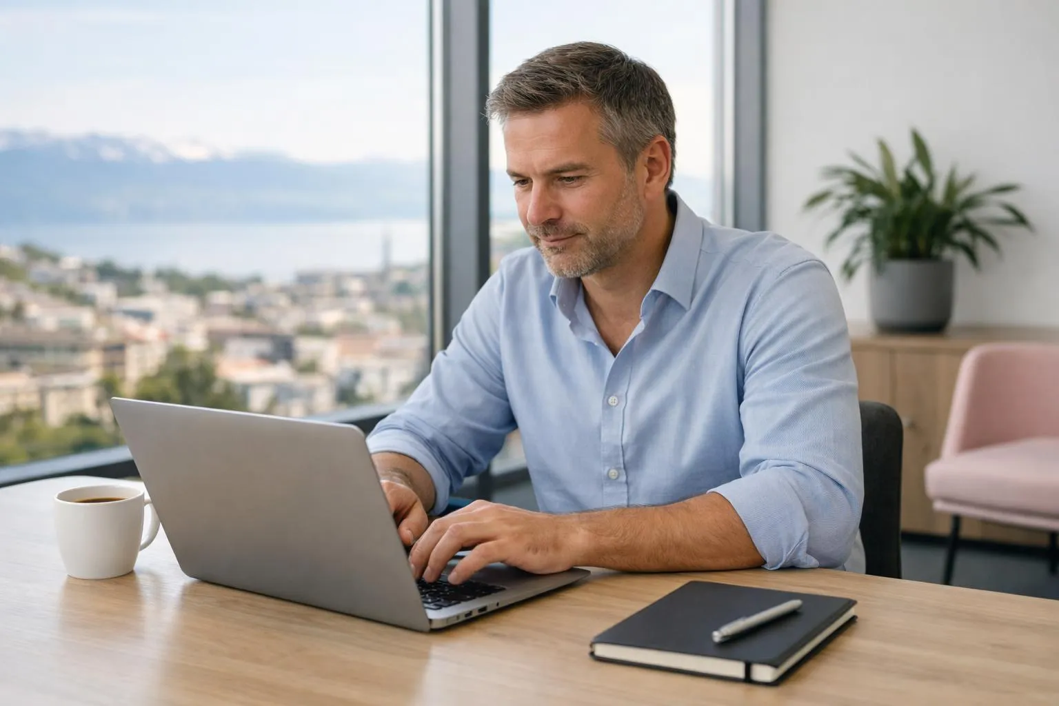 Homme d'affaires travaillant sur un ordinateur portable dans un bureau avec vue panoramique.