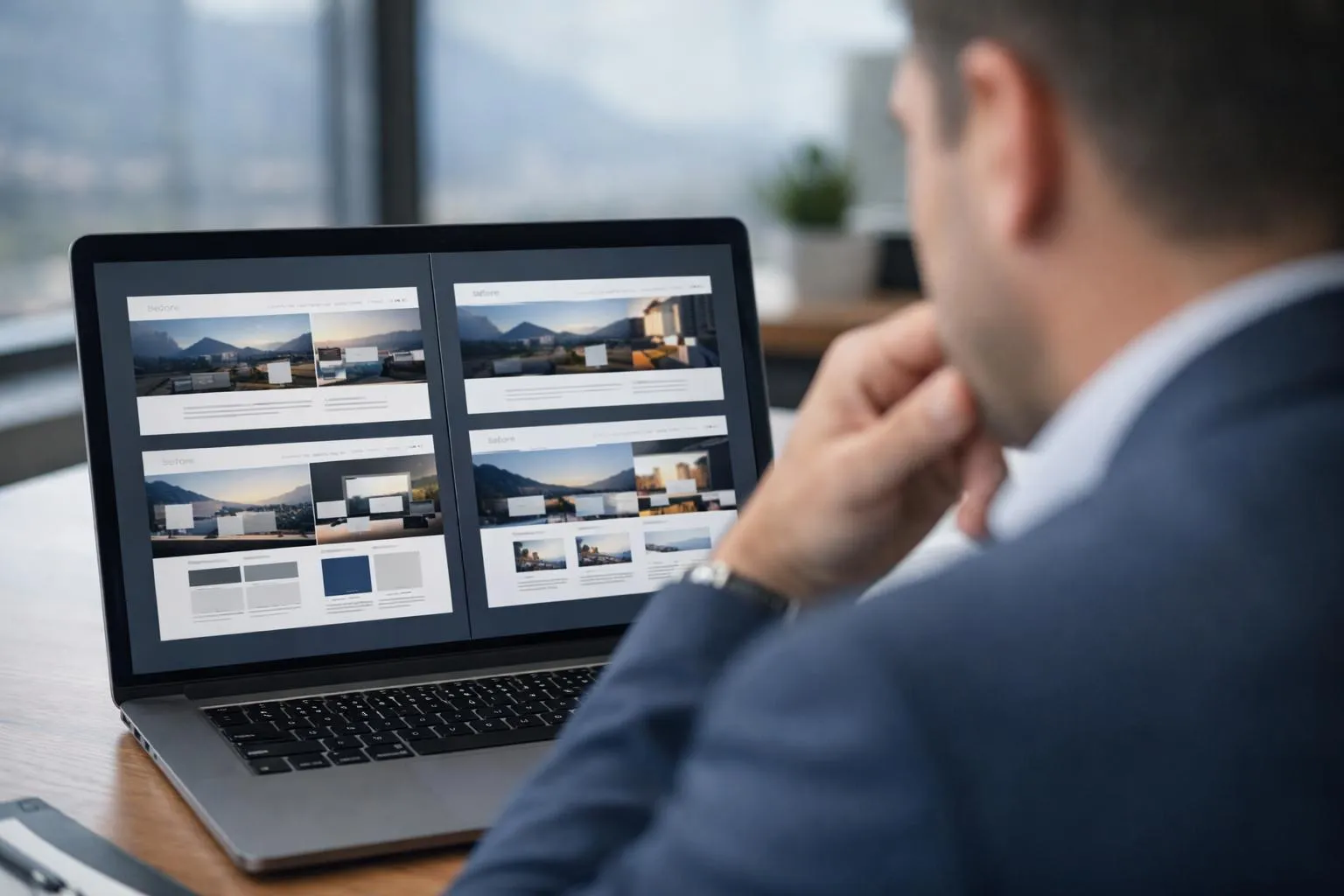 Homme d'affaires examinant des images sur un ordinateur portable.