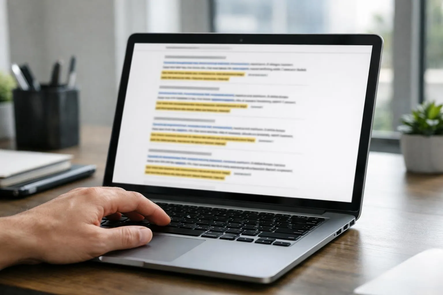 Ordinateur portable affichant un document avec du texte en surbrillance.