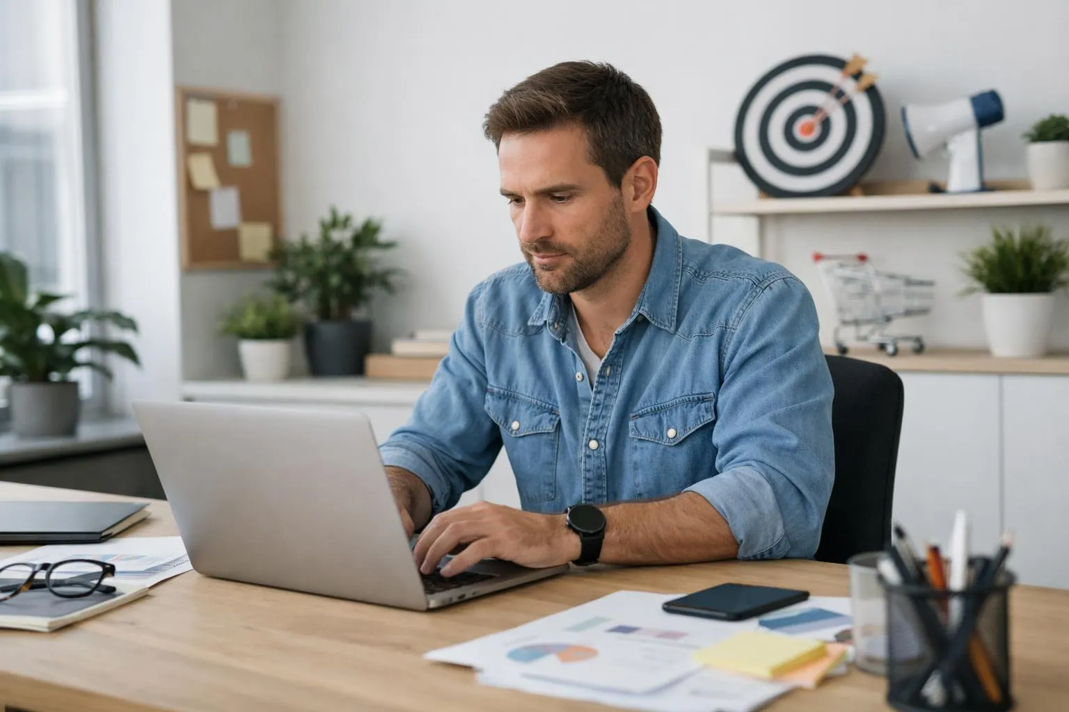 Homme d'affaires travaillant sur son ordinateur portable dans un bureau moderne.
