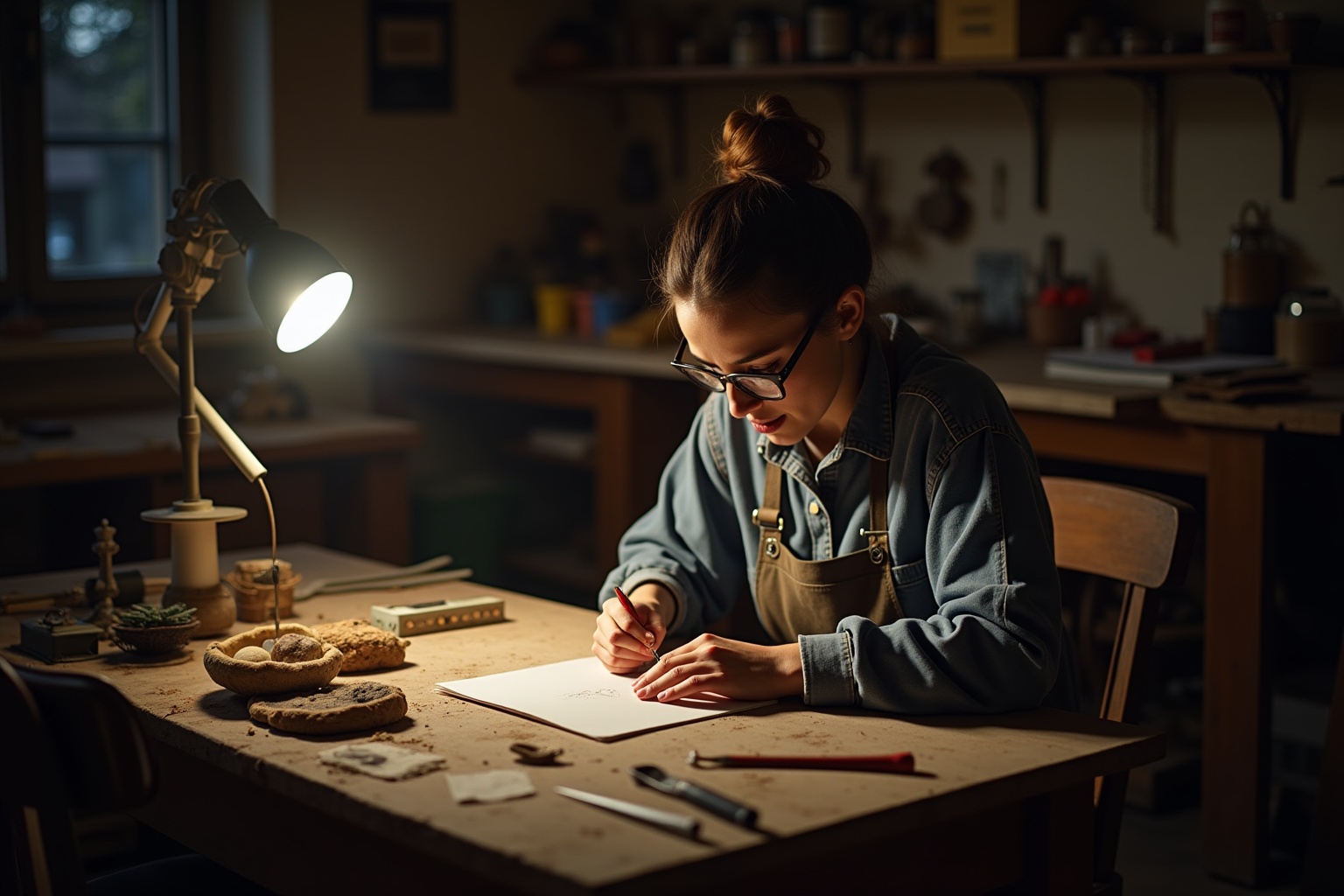 Jeune femme concentrée sur son travail artistique dans un atelier sombre.