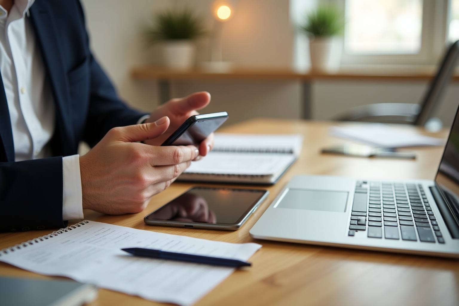 Homme d'affaires utilisant un smartphone sur un bureau avec ordinateur portable.