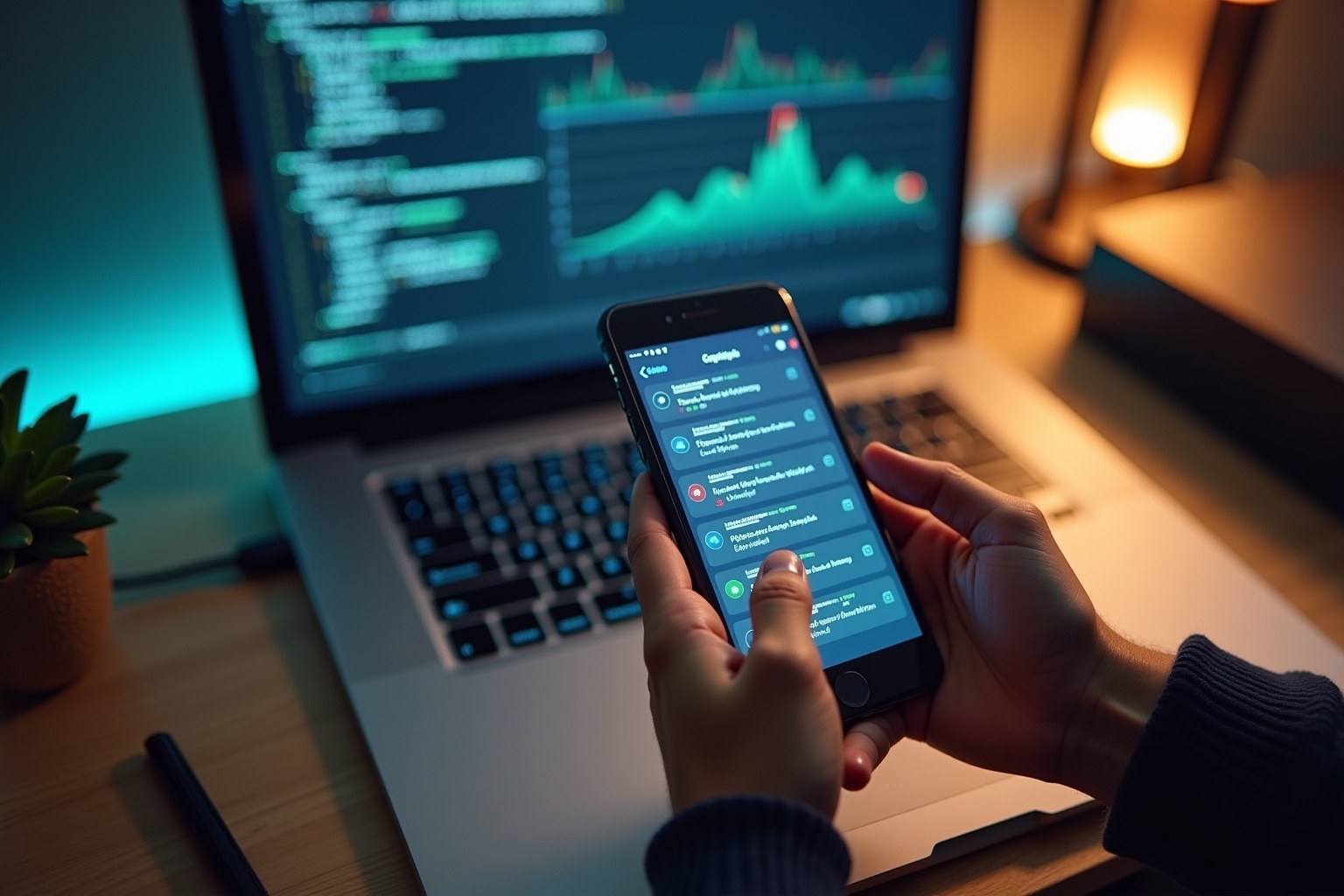 Écran d'ordinateur affichant des graphiques financiers et smartphone avec application mobile.
