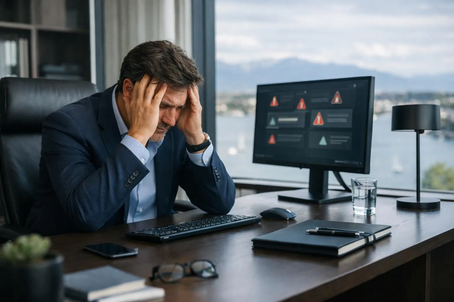 Homme d'affaires stressé au bureau avec ordinateur et graphiques.
