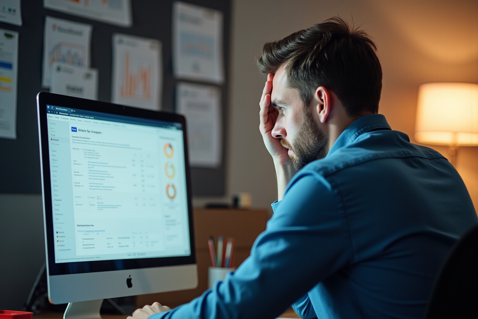 Homme concentré travaillant sur un ordinateur dans un bureau.