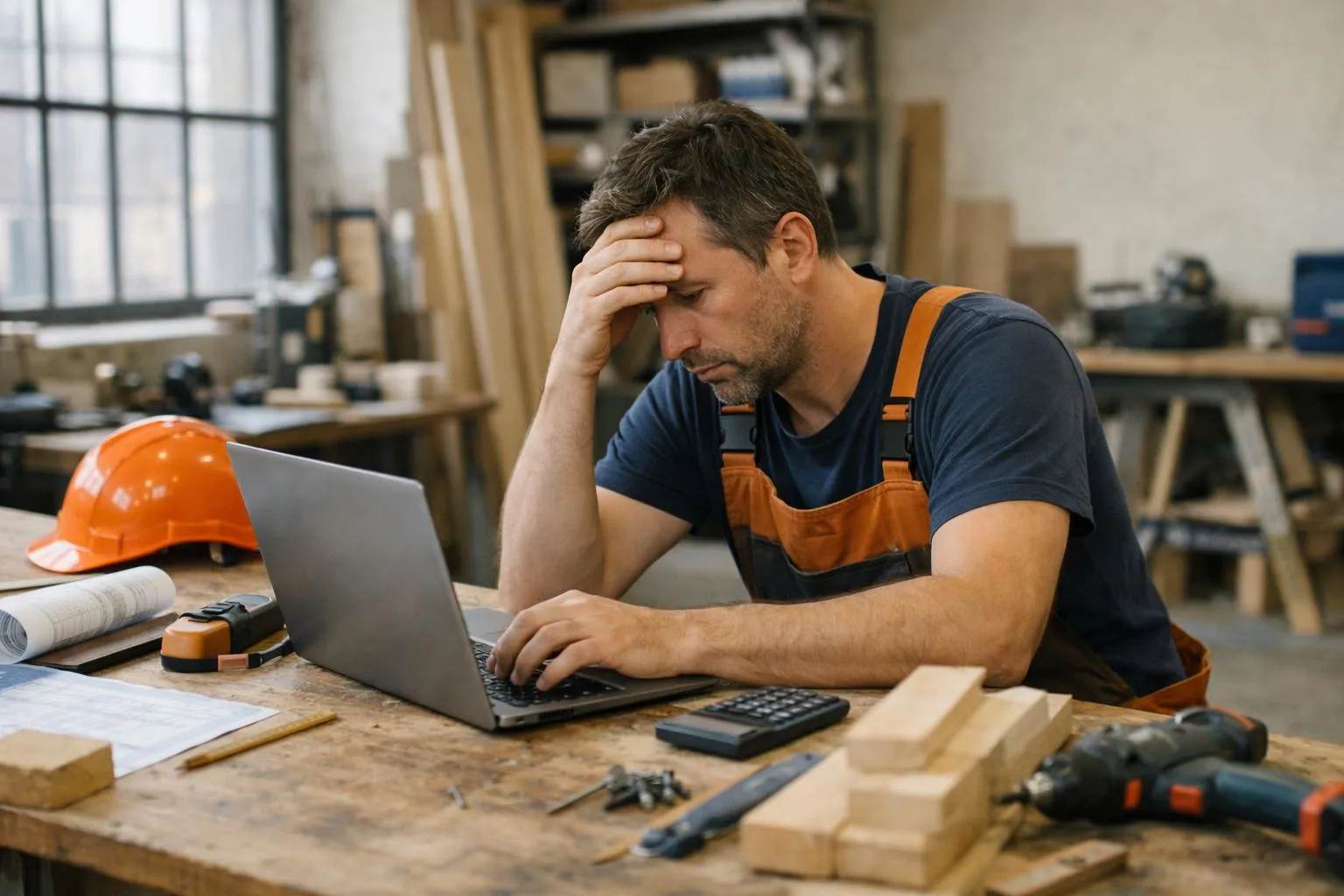 Homme ouvrier stressé travaillant sur ordinateur dans un atelier.