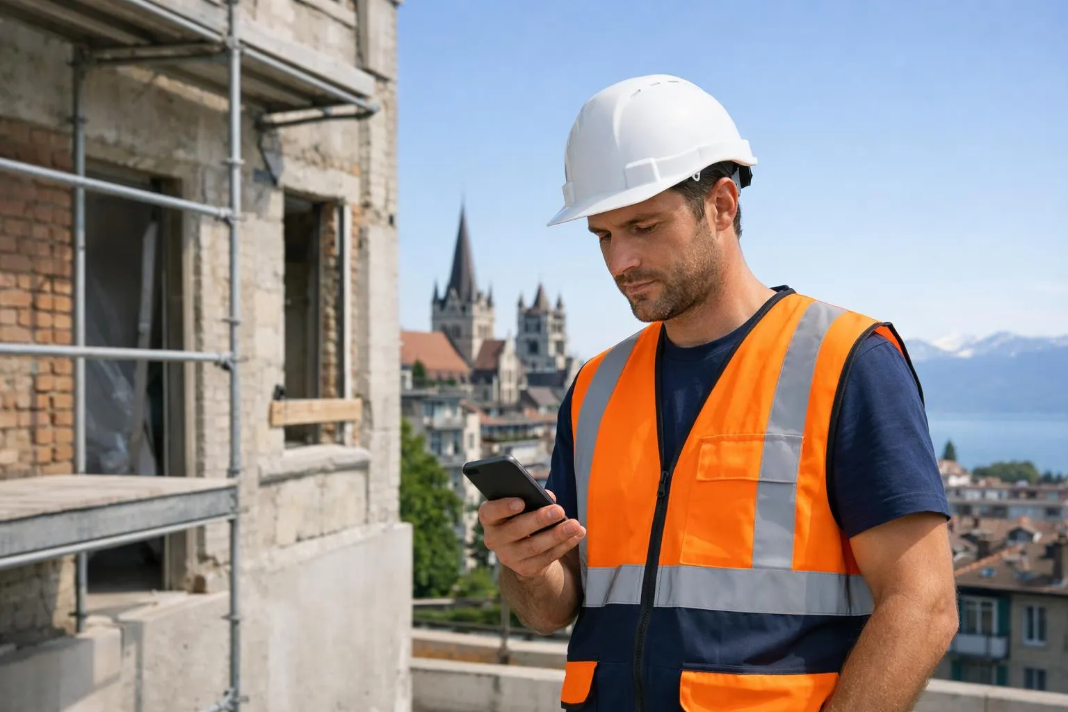 Ouvrier du bâtiment en uniforme de sécurité utilisant un téléphone portable sur un chantier.