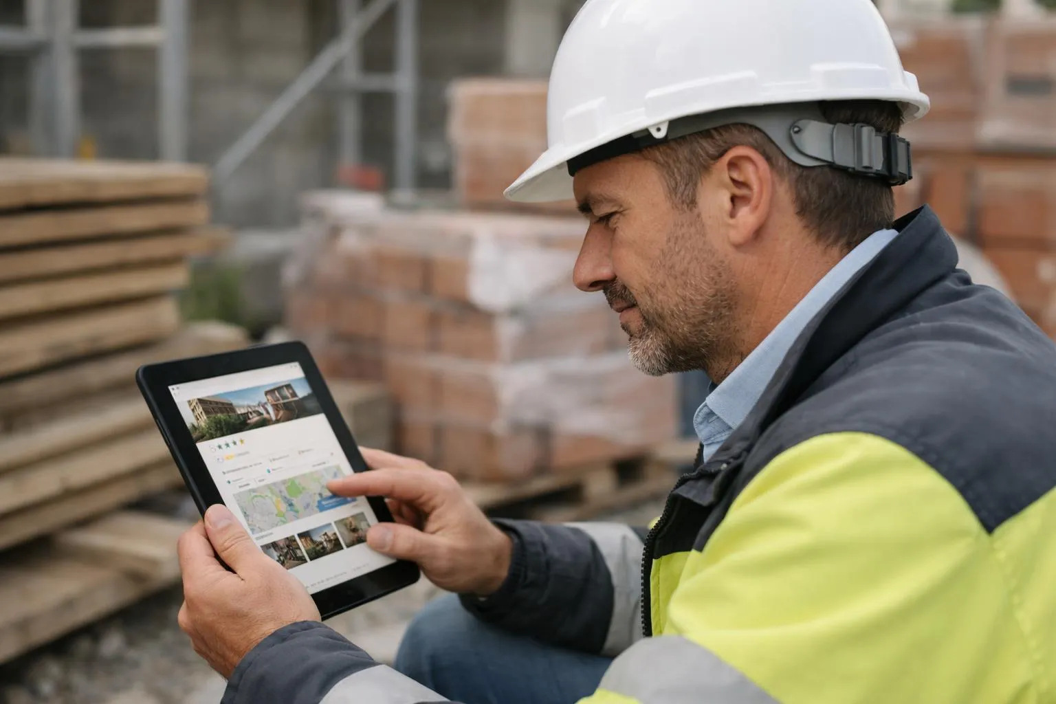 Homme en casque de sécurité examinant un plan sur une tablette numérique sur un chantier de construction.