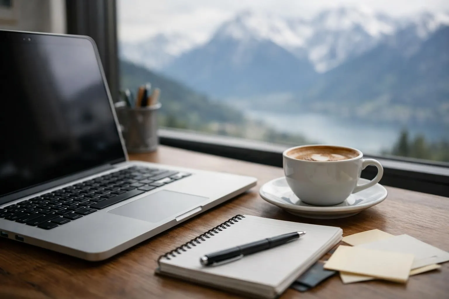 Bureau de travail avec ordinateur portable, tasse de café et bloc-notes.