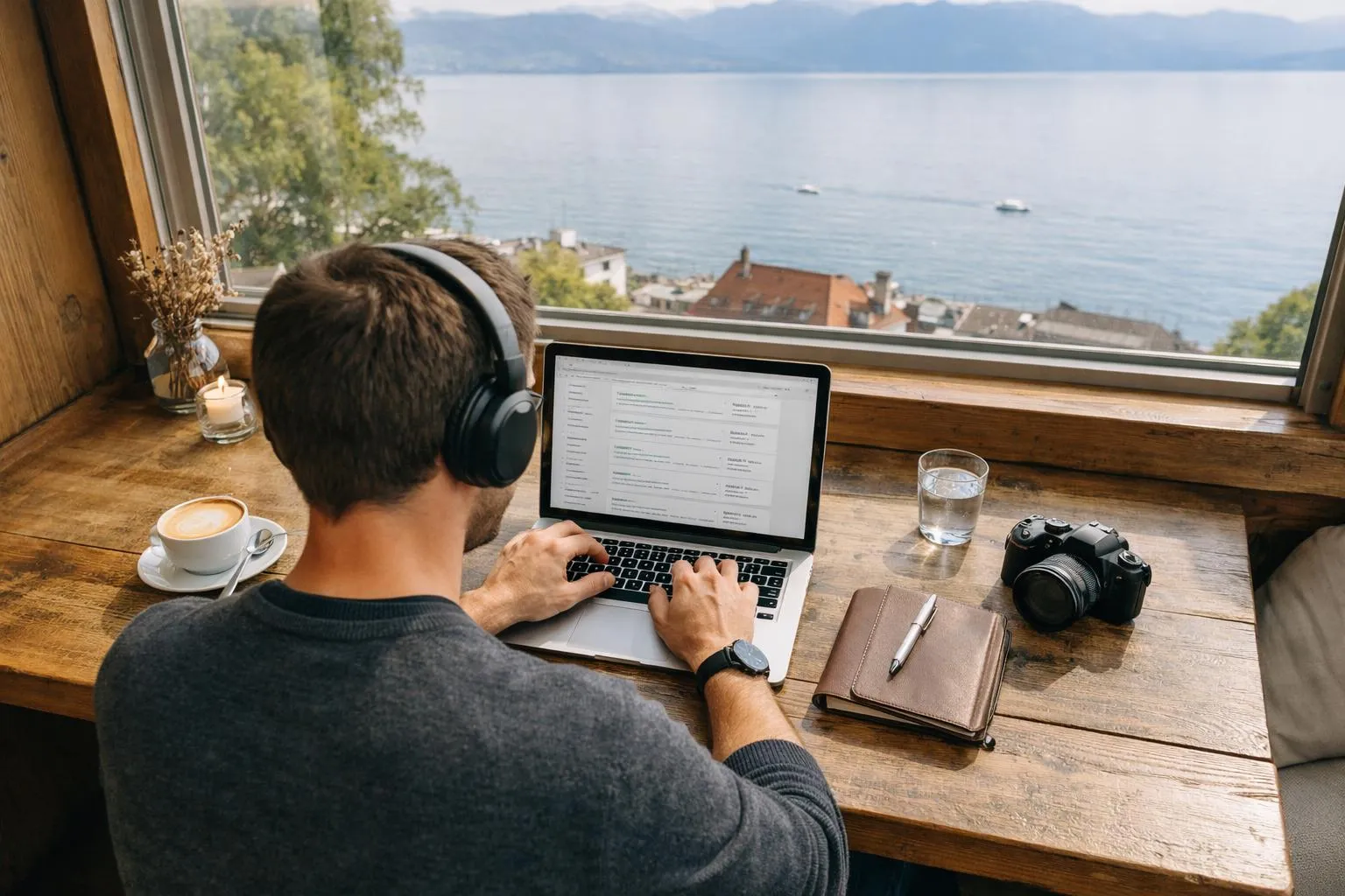 Homme travaillant sur ordinateur portable avec vue panoramique sur le lac.