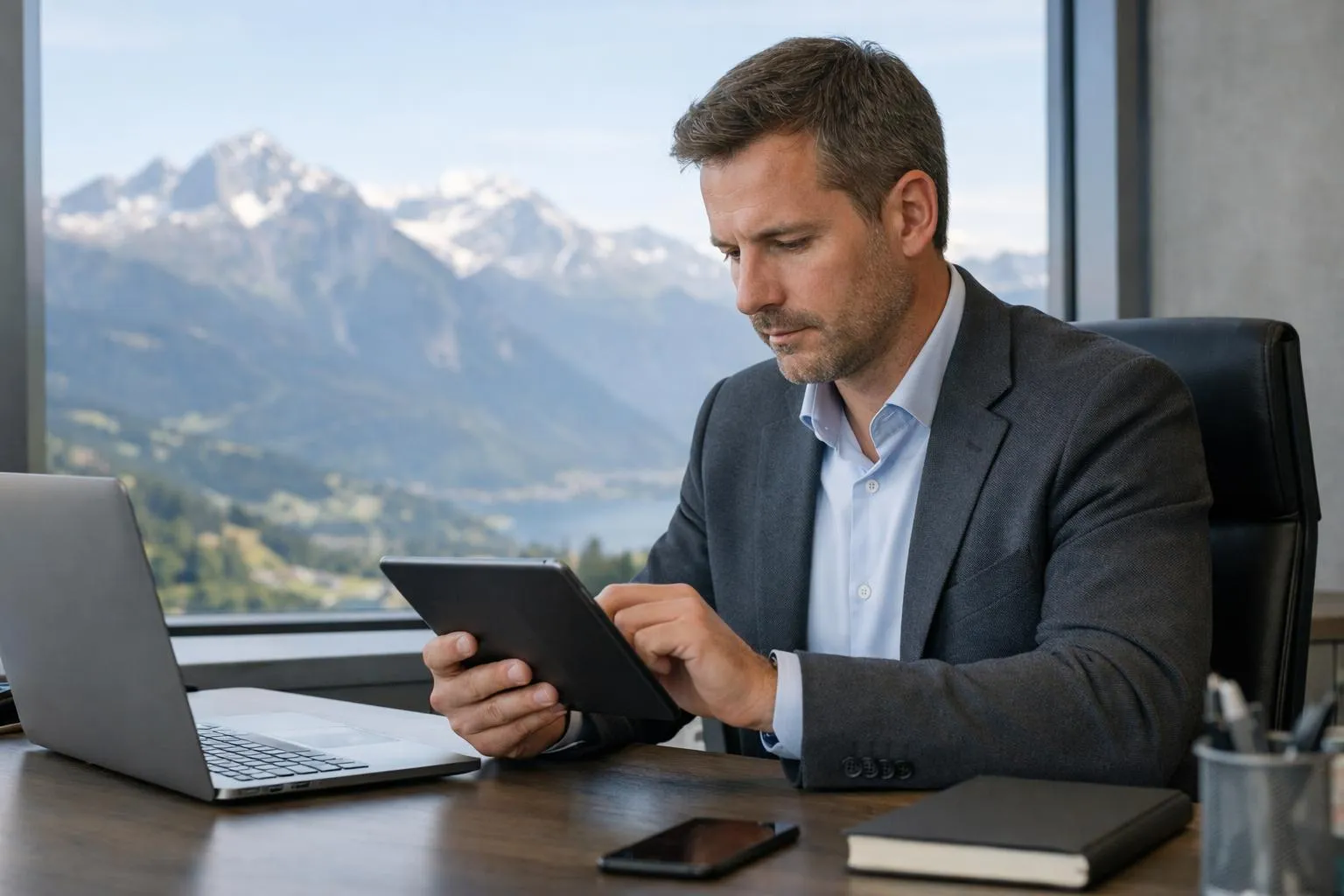 Homme d'affaires travaillant sur un ordinateur portable avec une vue panoramique des montagnes.