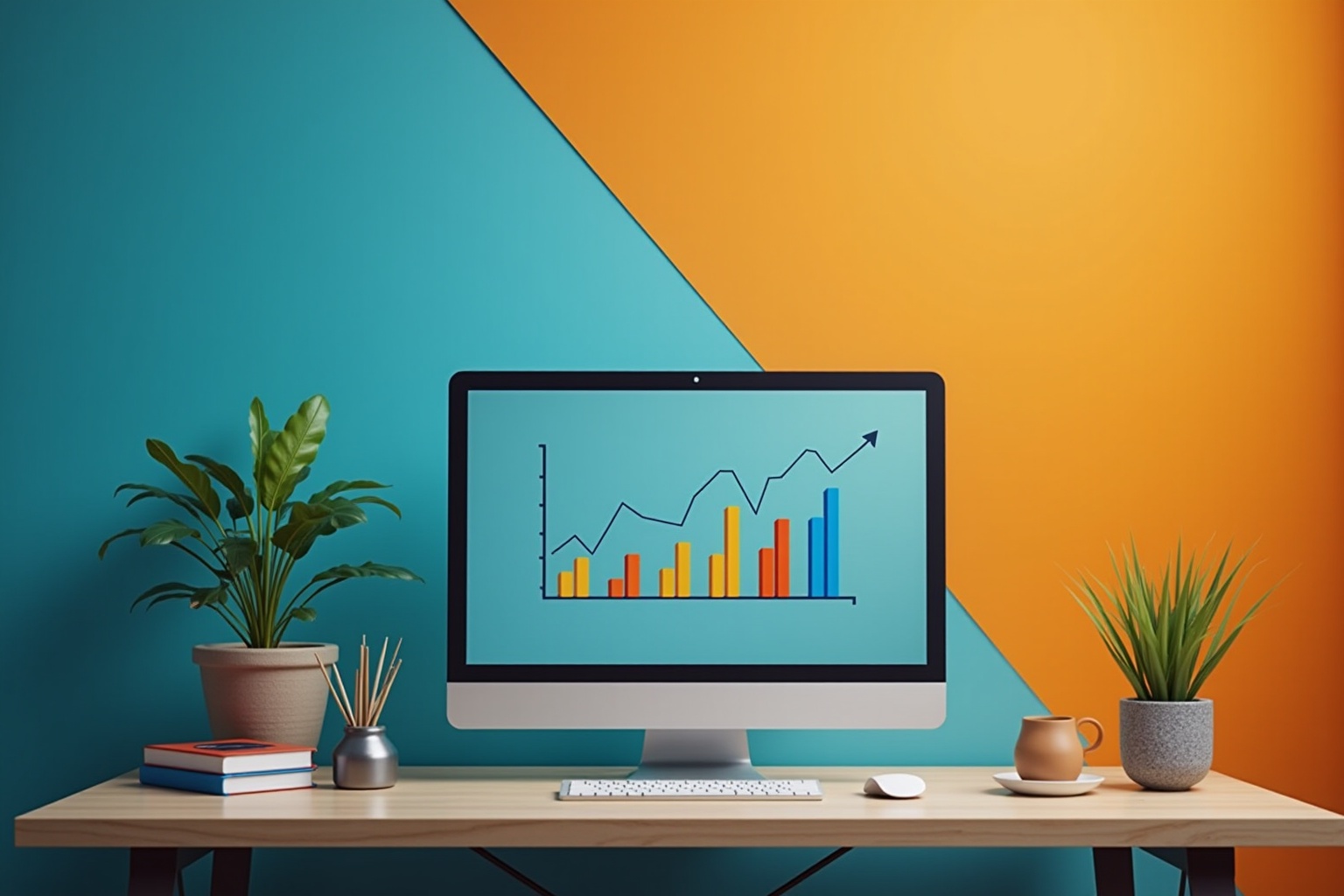 Bureau de travail avec ordinateur affichant un graphique, plantes et accessoires.