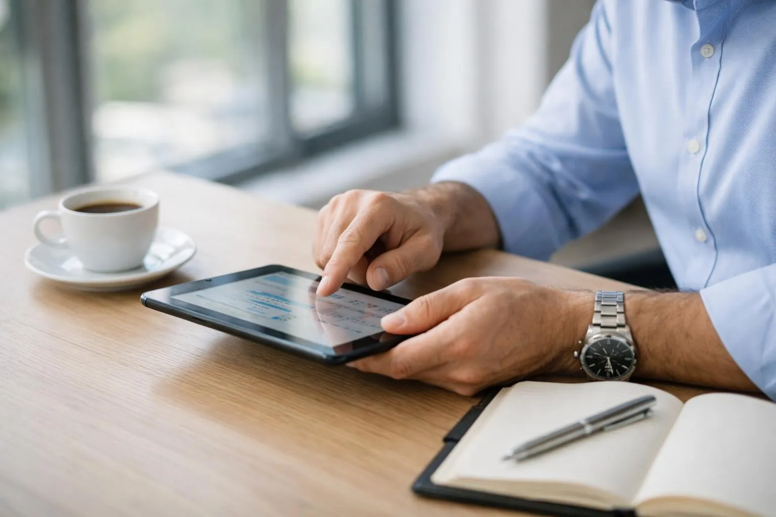 Homme d'affaires utilisant une tablette numérique dans un bureau.