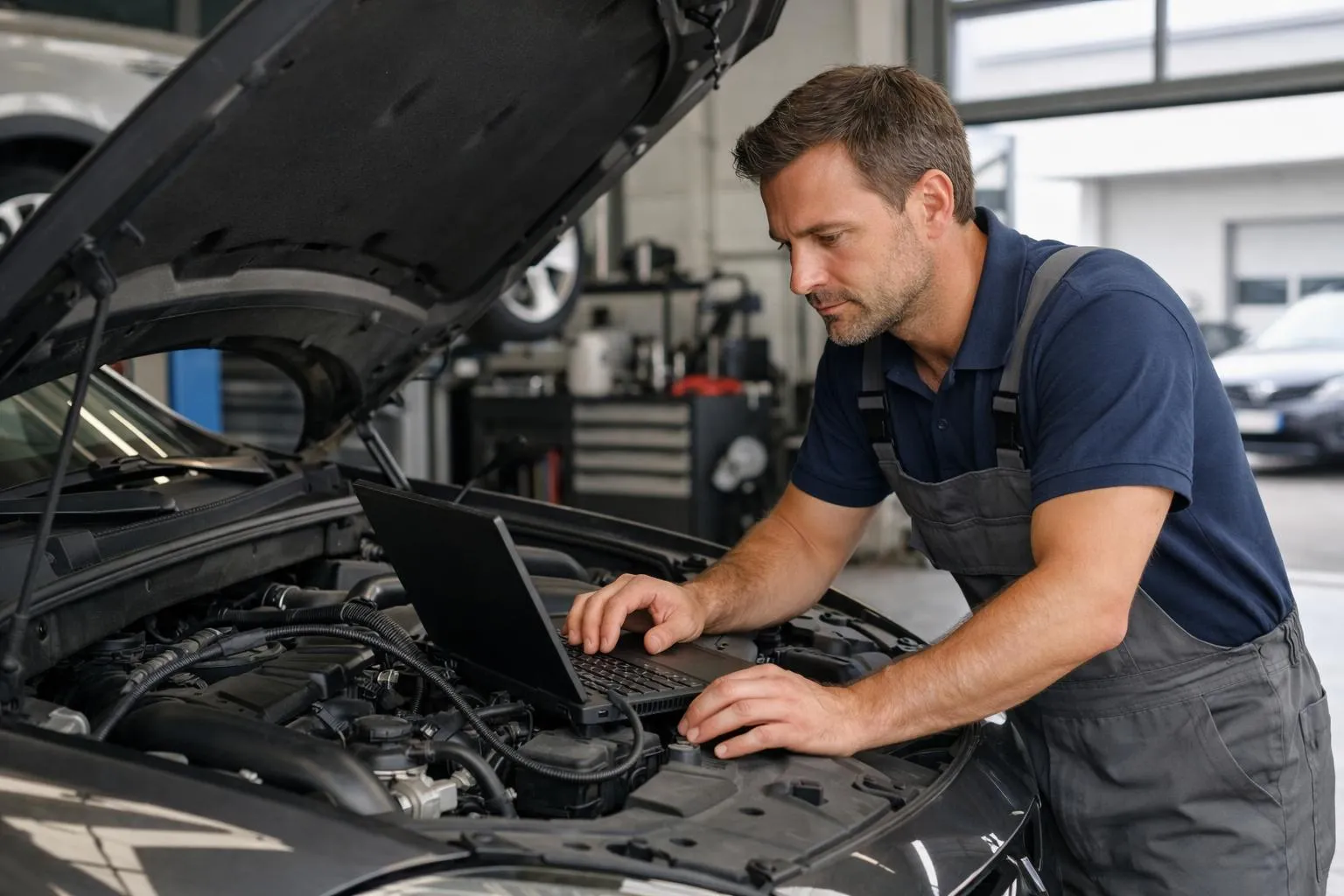 Mécanicien automobile travaillant sur un ordinateur portable dans un atelier de réparation.